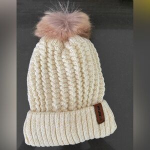 YOUTH KNIT HAT/CAP WITH POM POM! By SYLEMTAM. Youth Age 6-12. Cream with Tan!